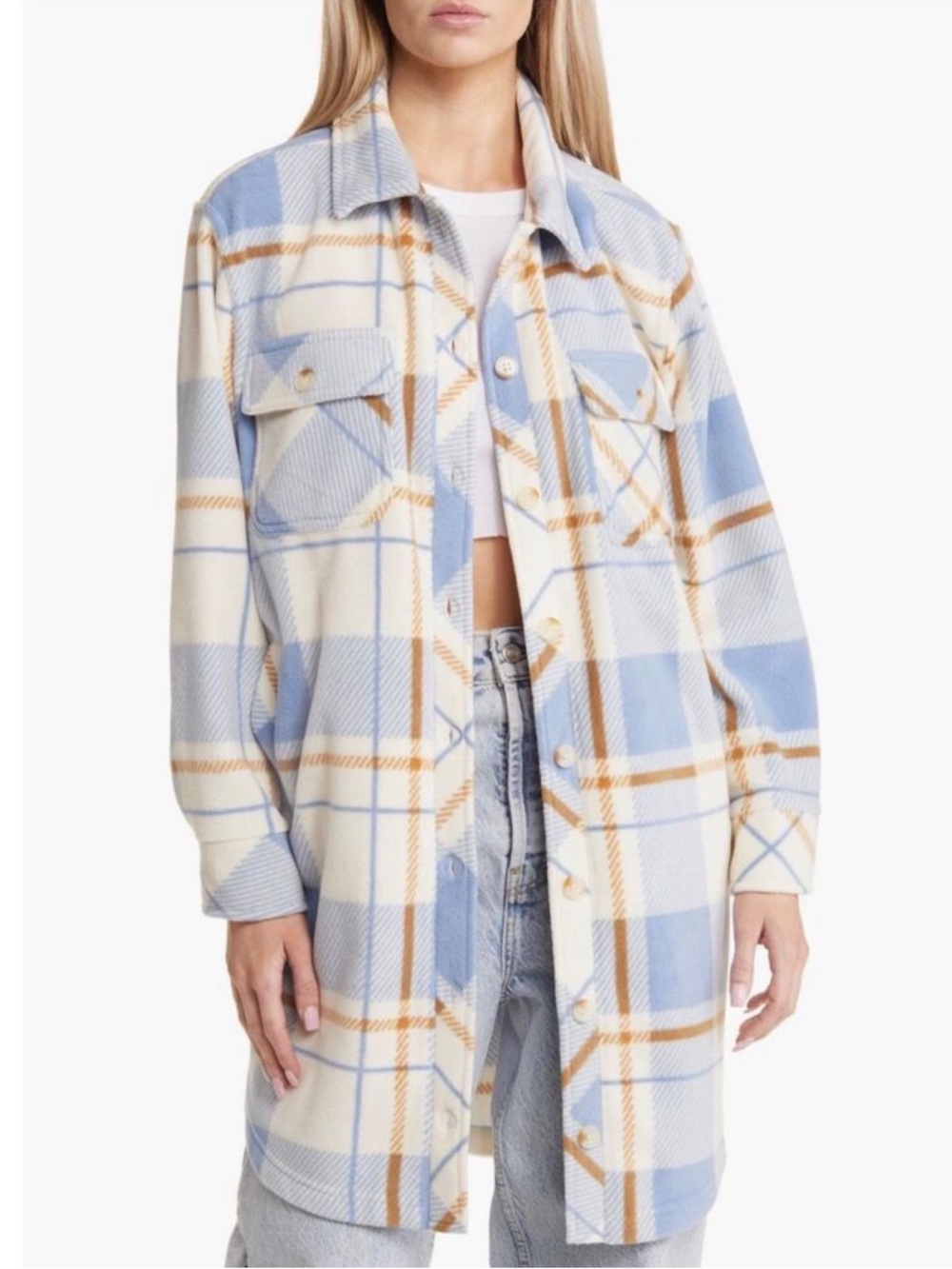 Thread & Supply Light Blue and Cream Plaid Fleece Shacket